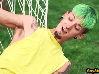 Tattooed outdoor jock fucks skinny gay in small asshole
