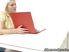 Amanda and her friend enter the teachers room where their sexy blonde teacher awaits them patiently