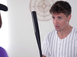 Baseball bro gets to screw her tight teen pussy too