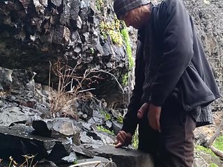 Naturbation Making A Cumfall Beside A Small Waterfall