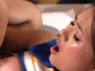 Cheerleader cutie is going to massage his cock with her...