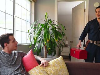 Tattooed dude walks into the room and starts the action