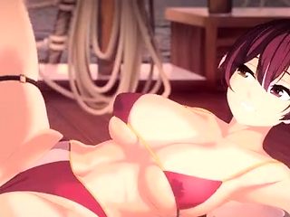 Brunette cums to hentai