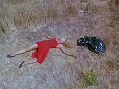 Ellen Barkin naked lying beside a stream on her back with her breasts and bush in clear view. Then Ellen Barkin having a guy take off her red dress, showing full nudity from a few different angles as they have sex on a bed near a circular window that lets