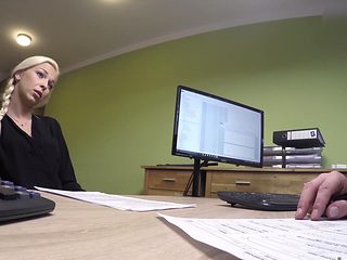 Shaved pussy blonde bends over to be fucked during a jo...