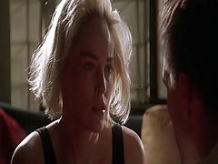 Sharon Stone first seen bottomless as a guy goes down on her. They then move to the couch, and we see her breasts and butt while she rides him. Lastly, the camera spins down from overhead as they continue to have sex, Sharon underneath the guy. From Slive