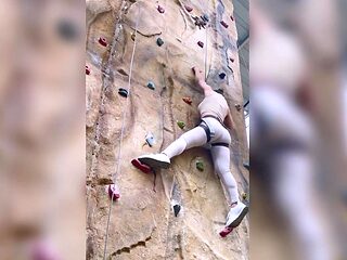 Sexy amateur babe&#039;s first rock climbing training s...