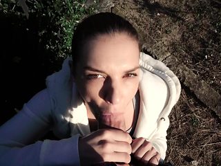 Aroused doll worships random man's dick for cash