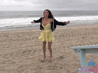 A cute girl with big natural tits has sex in the car on...