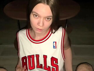 Good babe gives her stepdad a deep blowjob while kneeli...