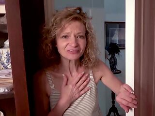 Curly Blonde MILF Strips And Gives Wet Shower Blowjob