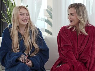 The backstage of the porn set with two hot blondes