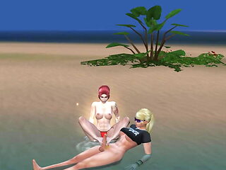 redhead by blonde trans on the beach