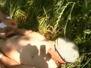 Slender Looking French Lady Pleasing Two Cocks Outdoors