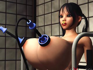 Sexy brunette with perfect huge tits in restraints love...