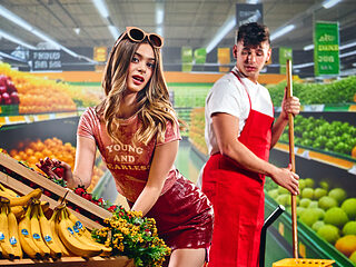 Short babe with long legs seduced the worker at the store