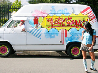 Busty babe enjoys sucking dude long dick for ice cream