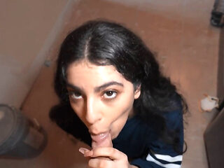 Petite brunette teen iss sucking on a big dong in POV